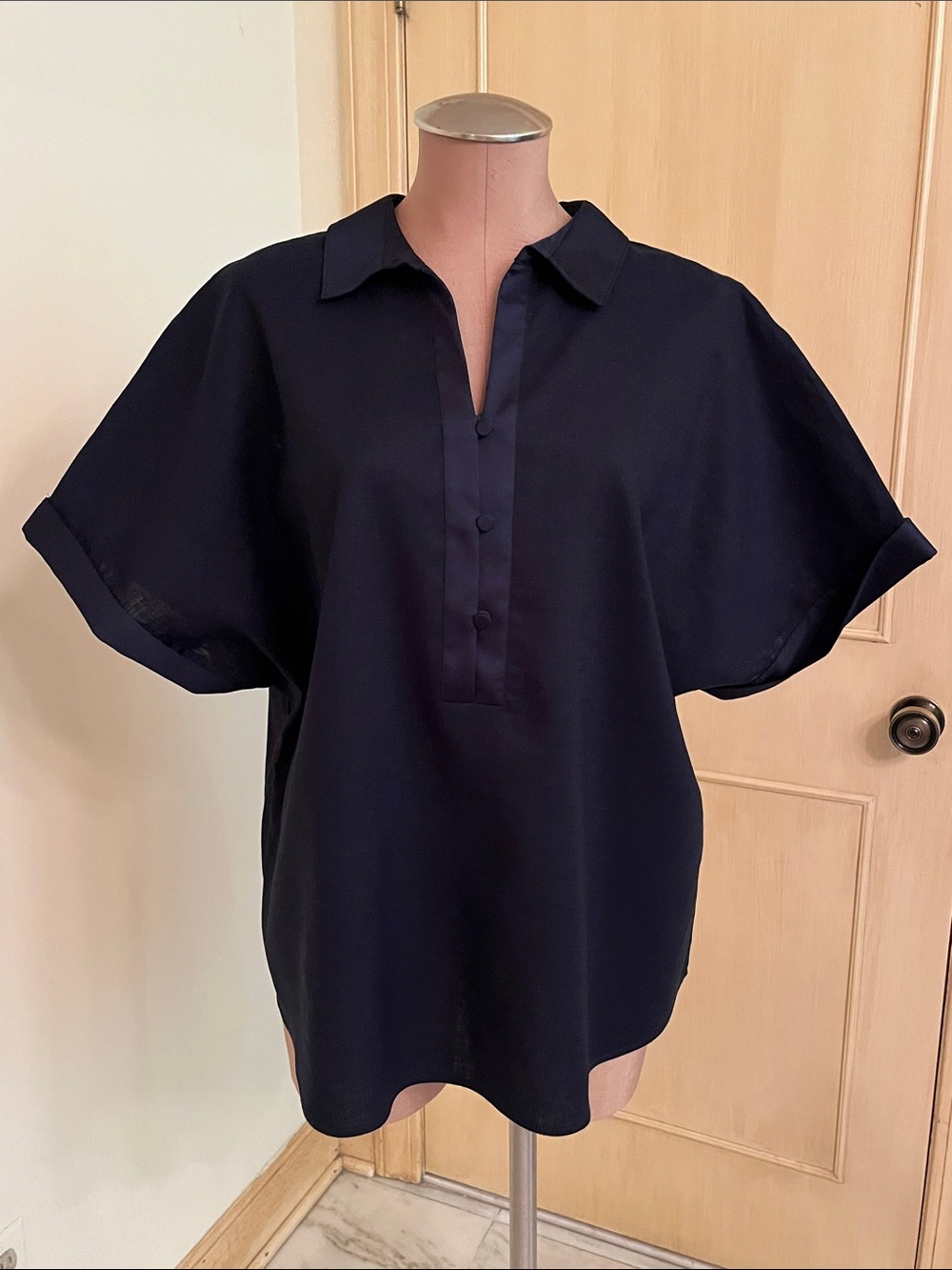CHICO'S Lagenlook Artsy Classic Dolman Short SLV Linen Blend Navy Hi-Lo Tunic XX